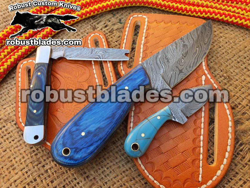 Custom Made Damascus Steel Cowboy and Skinner knife with folding knife set...