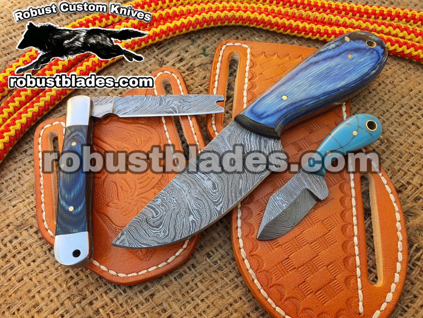 Custom Made Damascus Steel Cowboy and Skinner knife with folding knife set...