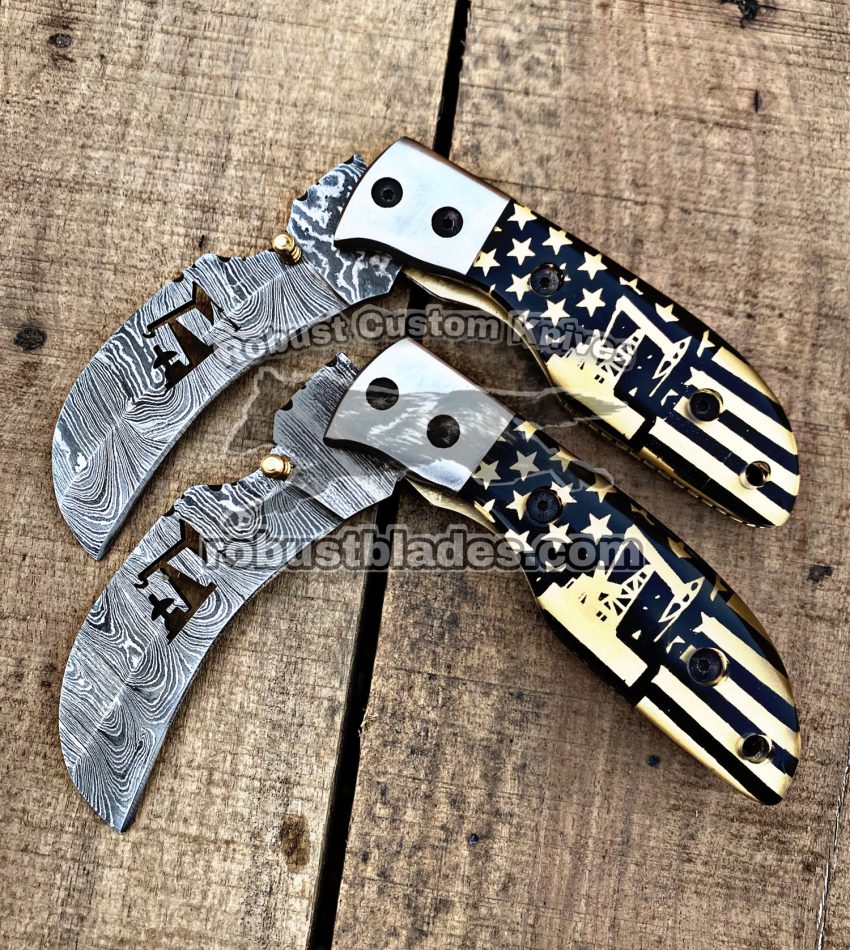 Custom Handmade Damascus Steel Oil Drilling Rig Pump Pocket knives Set…