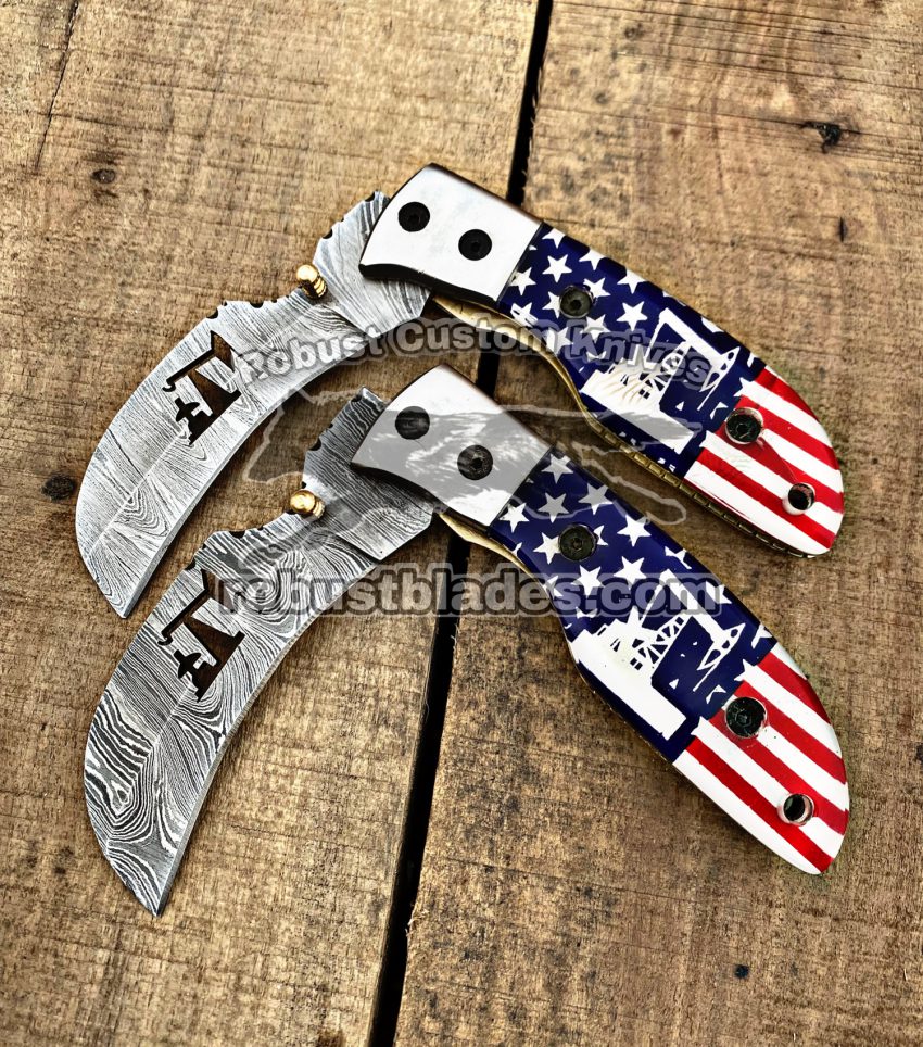 Custom Handmade Damascus Steel Oil Drilling Rig Pump Pocket knives Set…