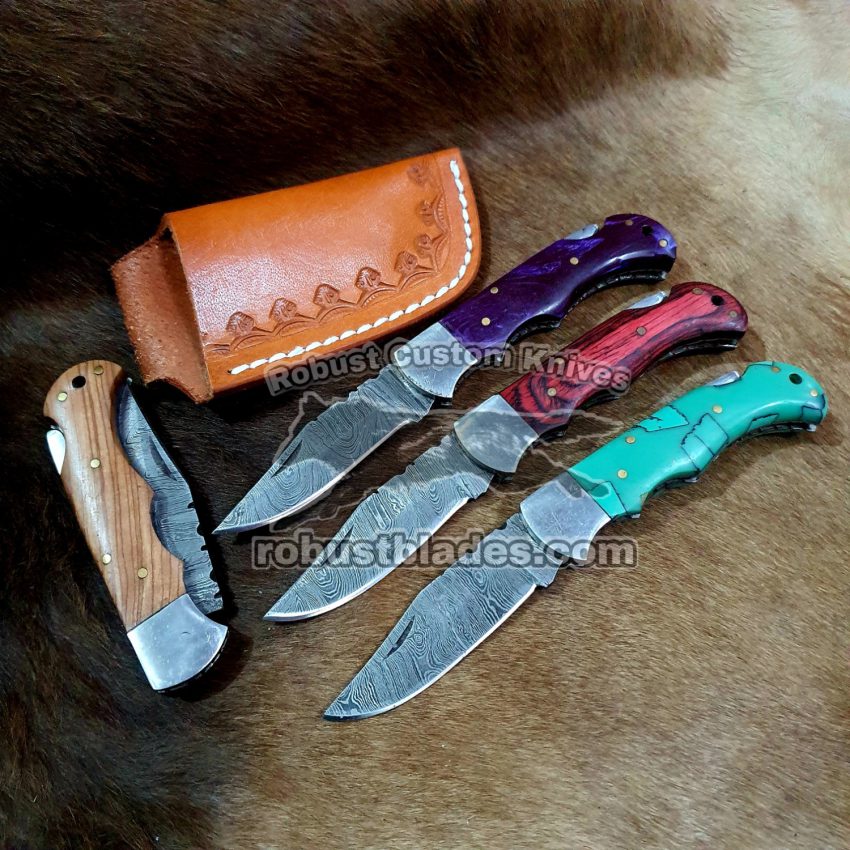 Custom Handmade Damascus Steel Pocket knives Set with Veg Leather Belt Sheaths...
