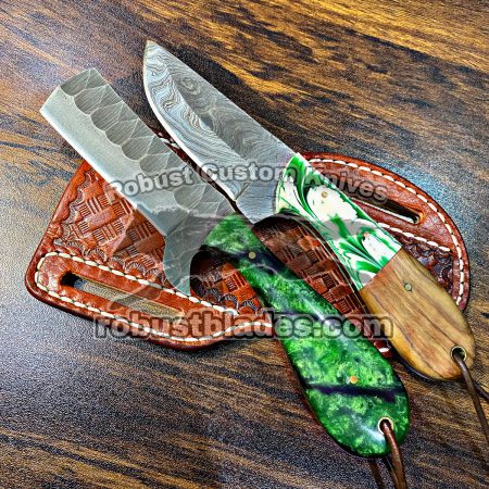Custom Handmade Damascus and 1095 High Carbon Steel Full Tang Blades Bull Cutter and Skinner knives Set…